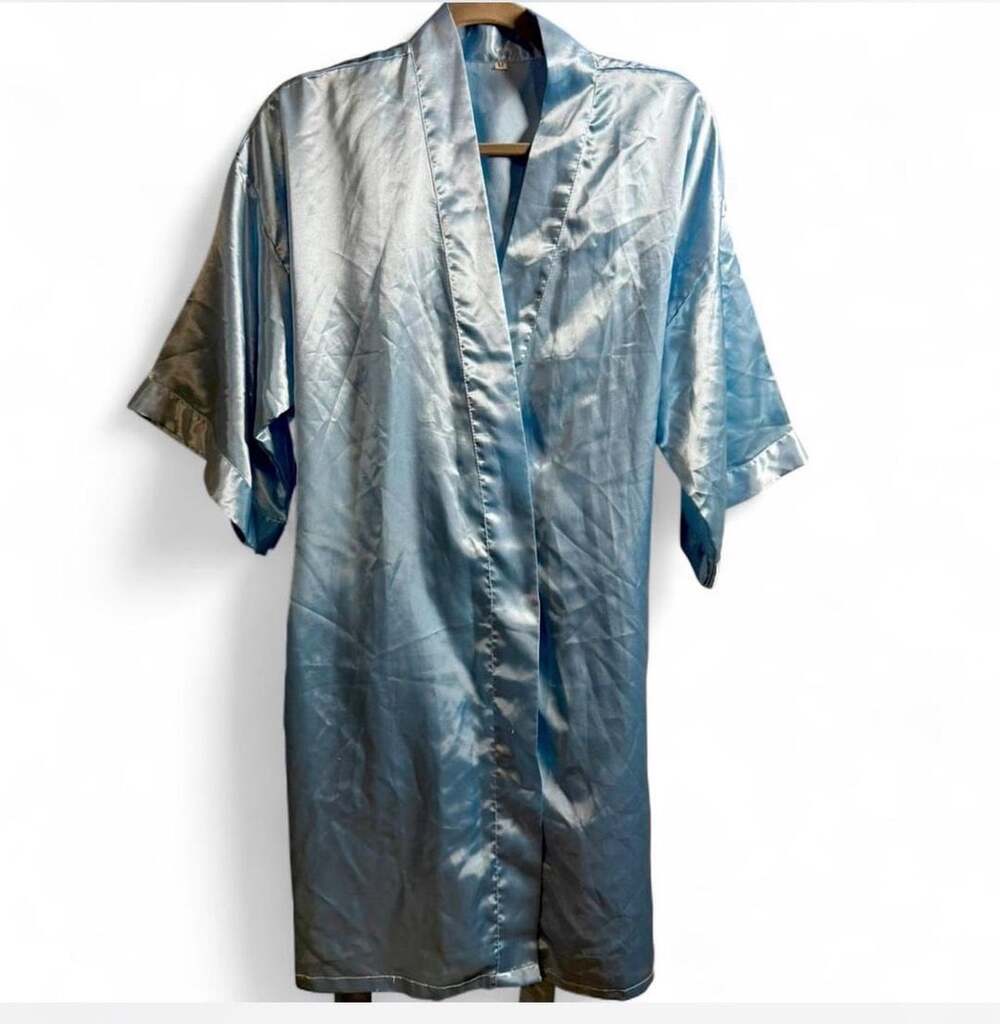 Light Blue Satin Kimono Style Short Robe with Tie Belt Size M